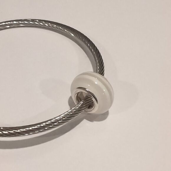 Silver Clear and White Striped‎ Charm for Pandora Style Bracelet - Picture 4 of 4